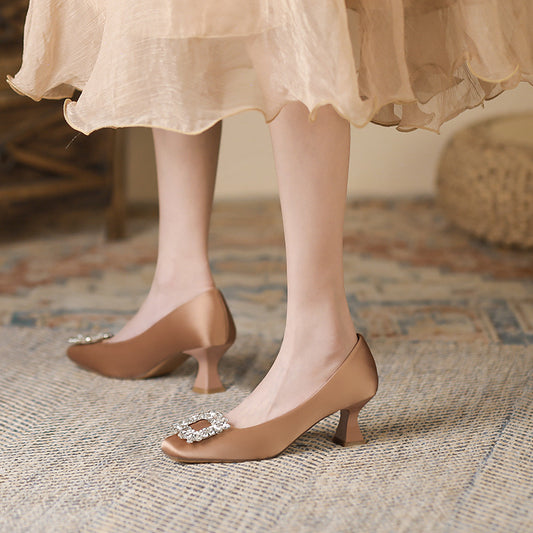 Square Toe Stiletto Heel Low-cut Rhinestone