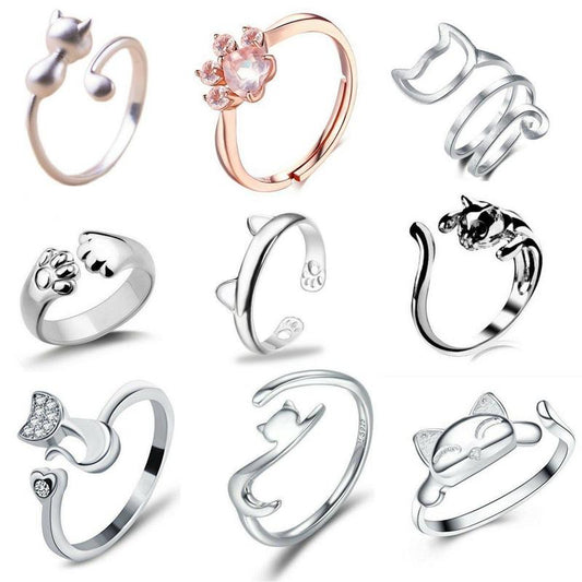 Collection of stylish rings featuring cat designs, including the Classy Cat Ring Premium Style Set.