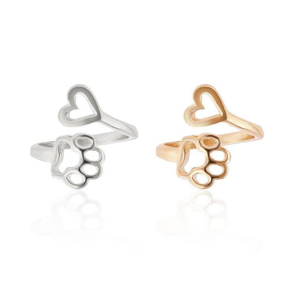 Classy Cat Ring Premium Style Set featuring silver and rose gold rings with heart and paw designs.