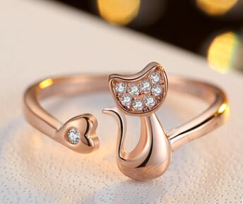 Classy Cat Ring Premium Style Set featuring a rose gold cat design embellished with crystals.