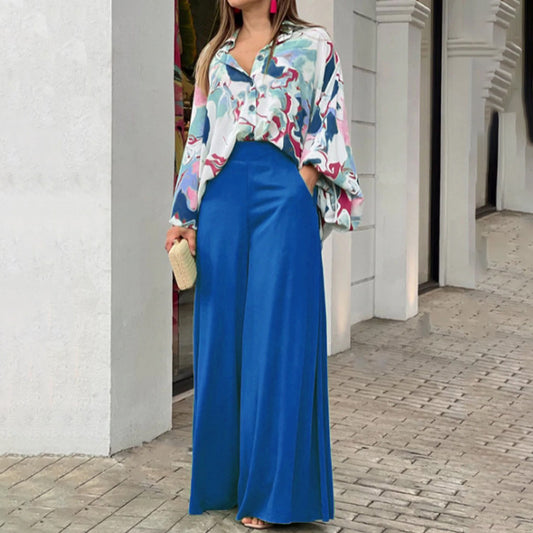 Flowers Print Suits Fashion Casual Button-up Long-sleeved Shirt And Wide-leg Pants Loose Beach Trousers Set
