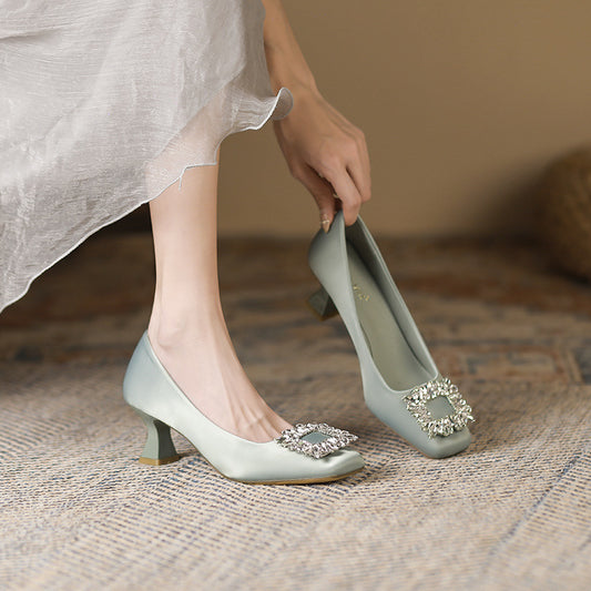 Square Toe Stiletto Heel Low-cut Rhinestone 